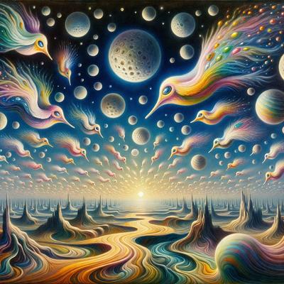 The primary subject of the image is a colorful and vibrant painting featuring a variety of birds, planets, and other celestial elements. The setting is a night sky filled with stars, planets, and other celestial bodies. The visual style is a combination of digital art and illustration, creating a unique and captivating atmosphere. The colors and mood are predominantly warm and lively, with a sense of wonder and exploration.